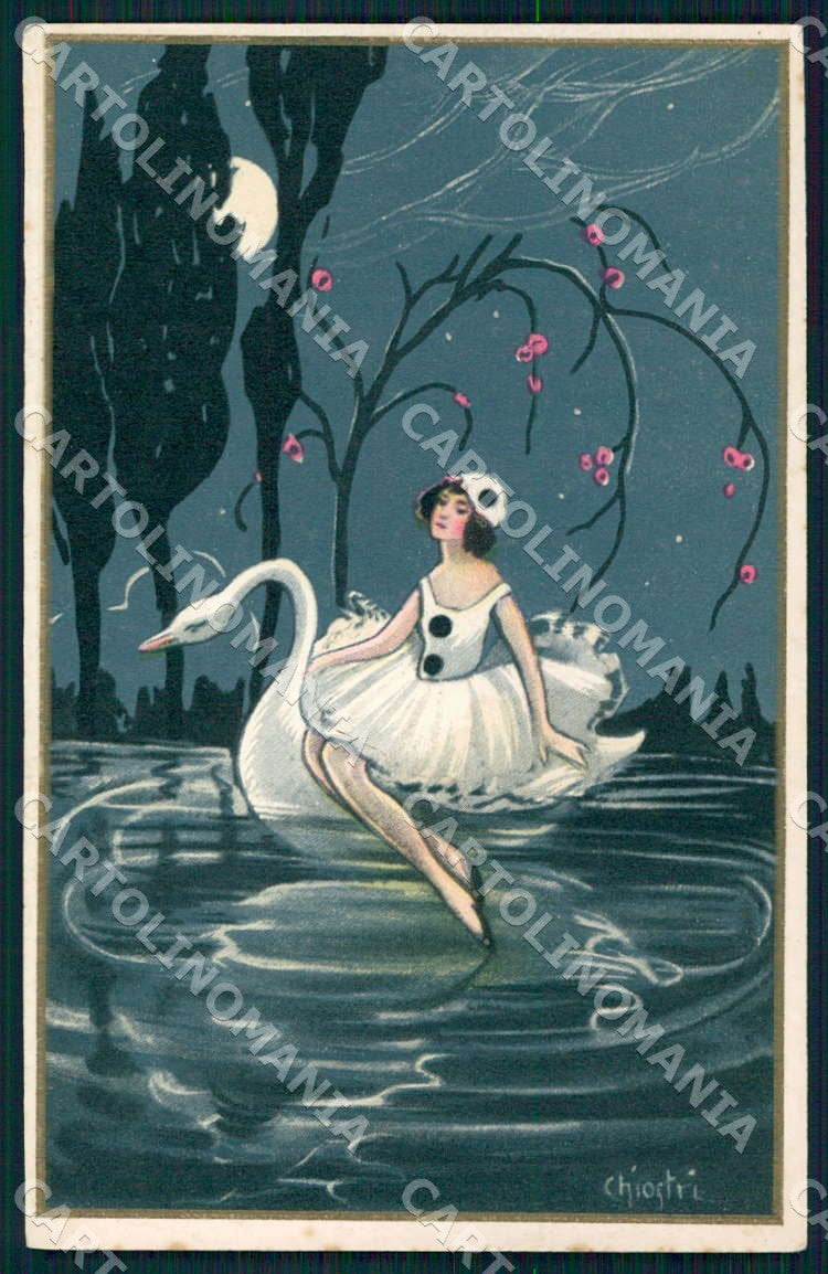 Artist Chiostri Art Deco Columbine Swan Paper Moon 281 postcard CT0134 – fronte