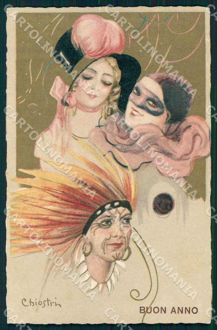 Artist Chiostri Art Deco Carnival Pierrot Women New Year 365 postcard CT0136 – fronte