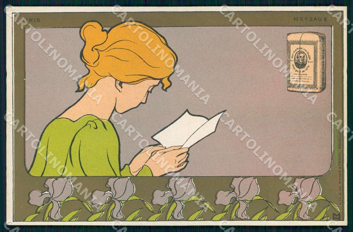 Artist Henri Meunier Lady Coffee Advertising Art Nouveau Iris postcard CT0154 – fronte
