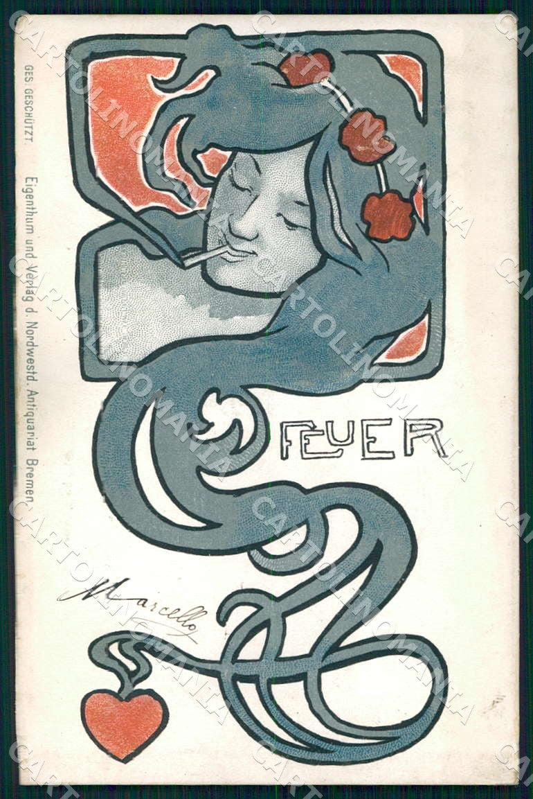Artist Christiansen Hans Lady Art Nouveau Feuer Fire postcard CT0155 – fronte