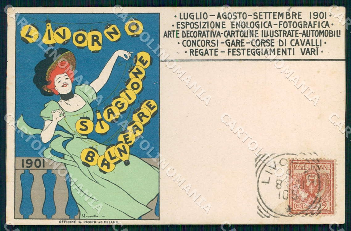 Artist Cappiello Livorno 1901 Lady Art Nouveau Ricordi postcard CT0182 – fronte