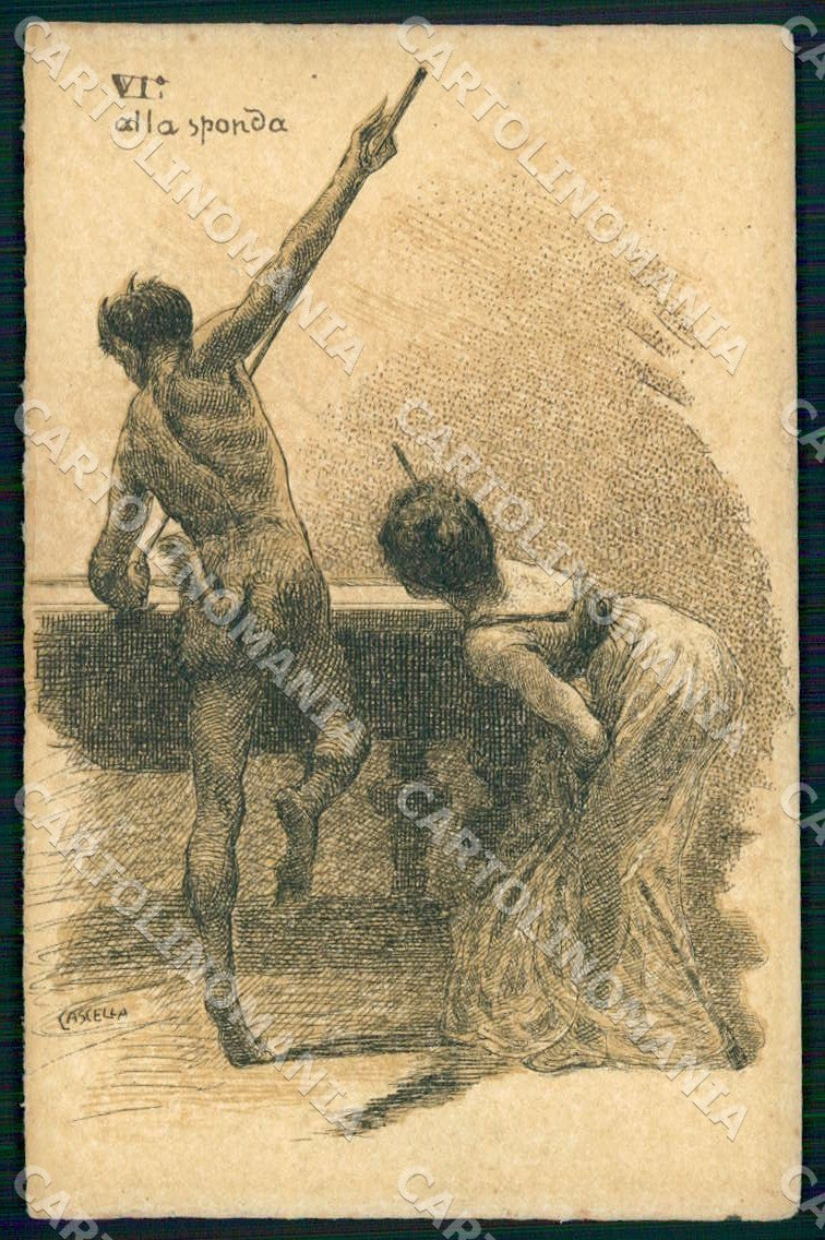 Artist Cascella Risque Lady and Devil Billiards Art Nouveau postcard CT0220 – fronte