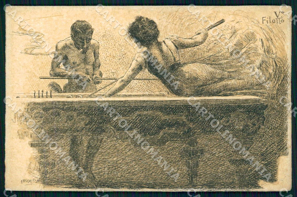 Artist Cascella Risque Lady and Devil Billiards Art Nouveau postcard CT0221 – fronte