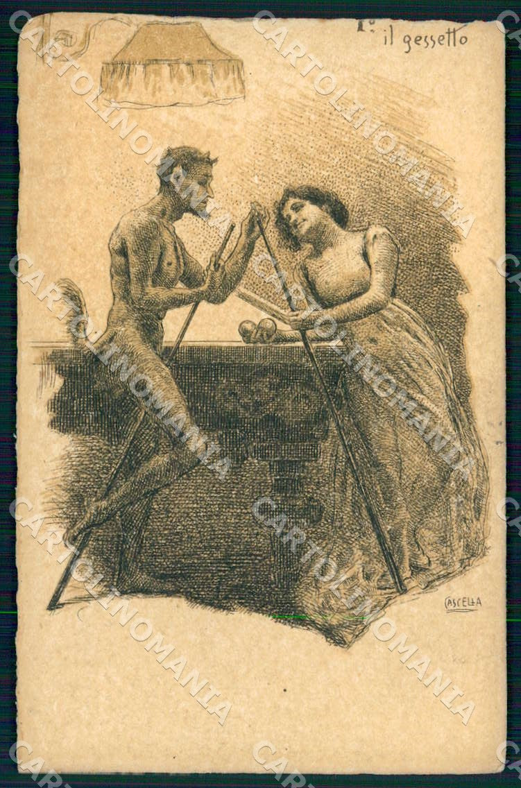 Artist Cascella Risque Lady and Devil Billiards Art Nouveau postcard CT0223 – fronte