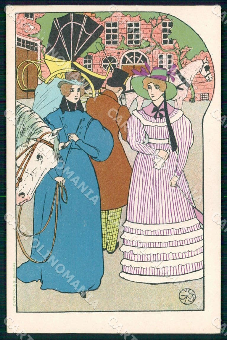 Artist Stevens Gustave Max Lady Art Nouveau Horse postcard CT0244 – fronte