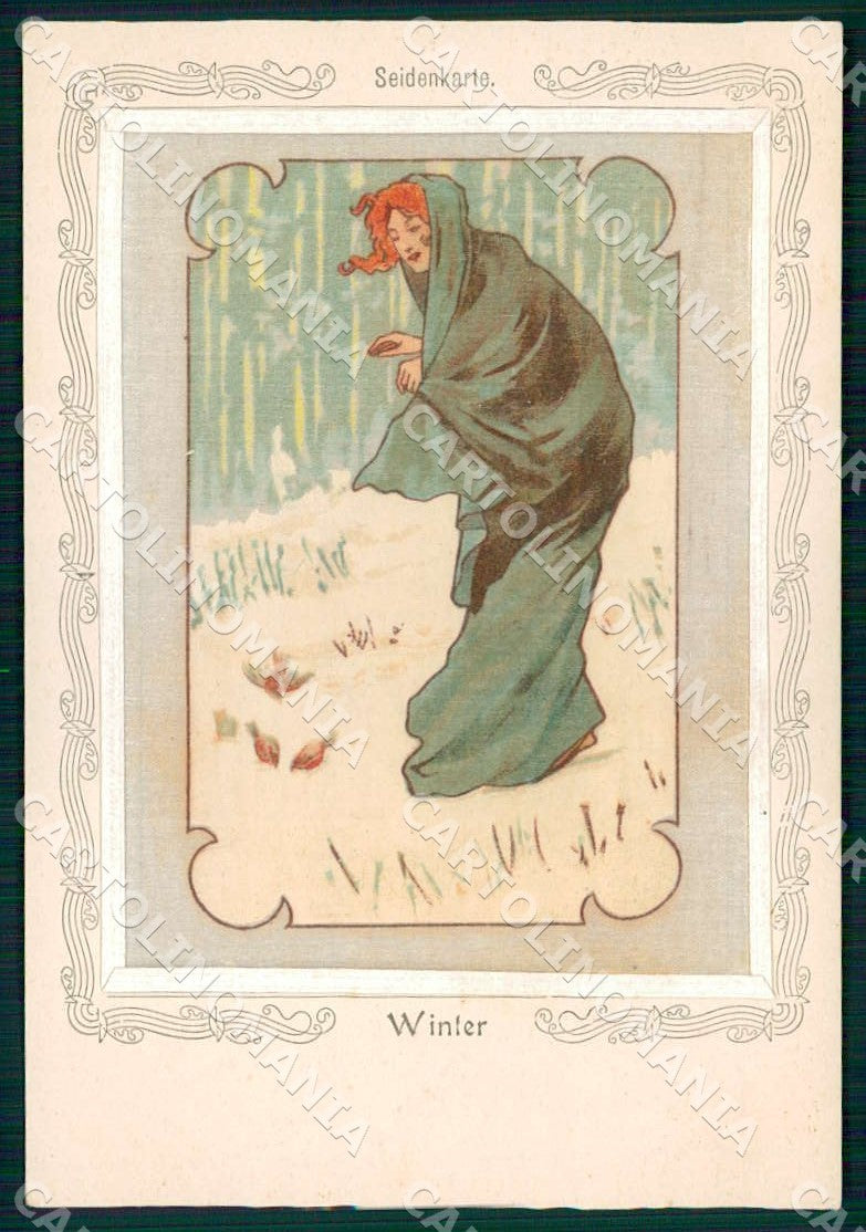 Artist Basch Arpad Lady Art Nouveau Winter Silk postcard CT0245 – fronte