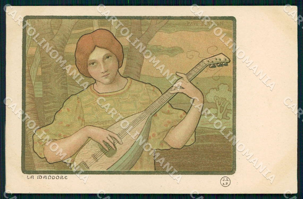 Artist Berthon Lady Art Nouveau la Mandore postcard CT0246 – fronte