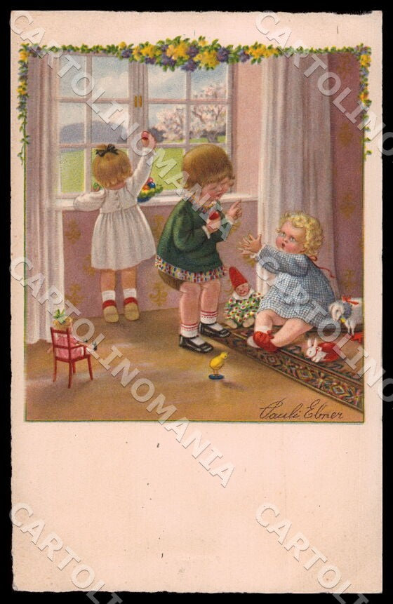 Artist Ebner Children Toys Doll Easter SMALL CREASE ABRADED postcard CT0266 – fronte
