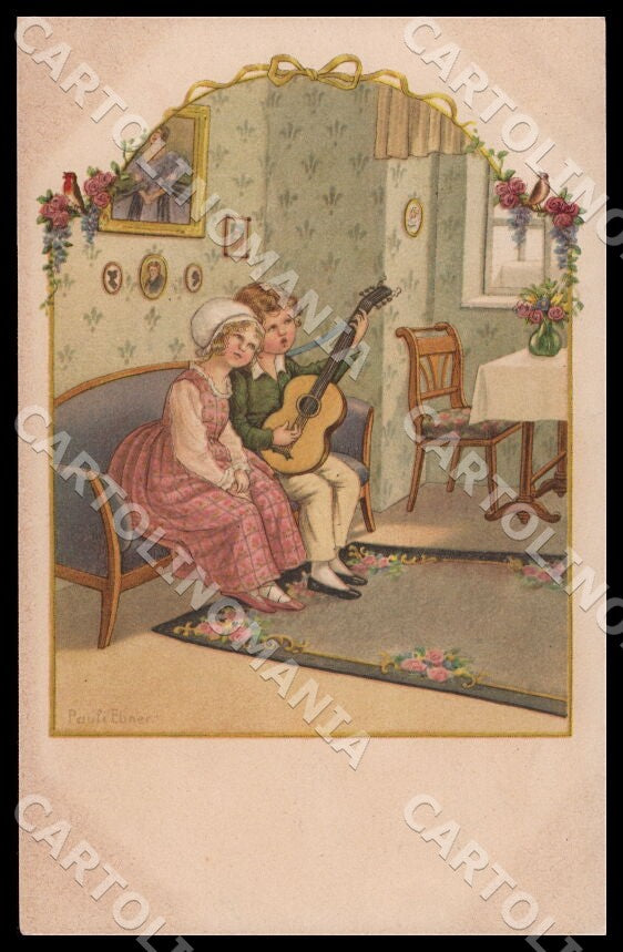 Artist Ebner Pauli Children Playing Guitar August Roekl 1316 postcard CT0278 – fronte