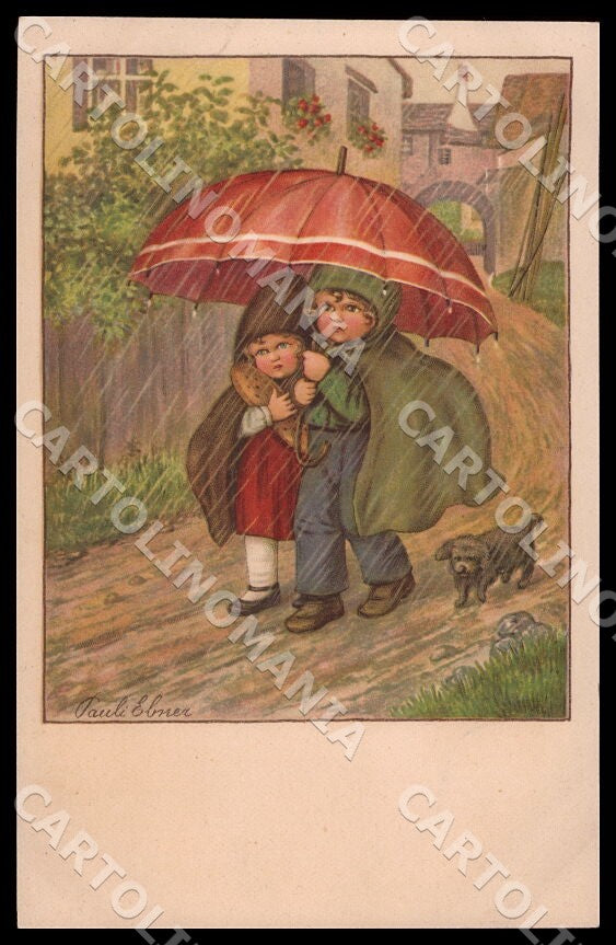 Artist Ebner Pauli Children Umbrella Dog August Roekl 1448 postcard CT0316 – fronte