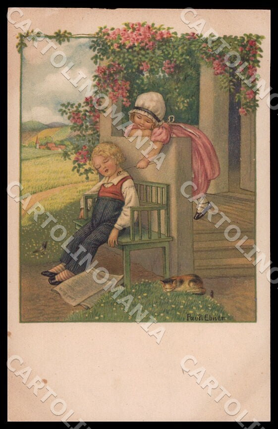 Artist Ebner Pauli Children Cat August Roekl 1426 ABRADED postcard CT0343 – fronte