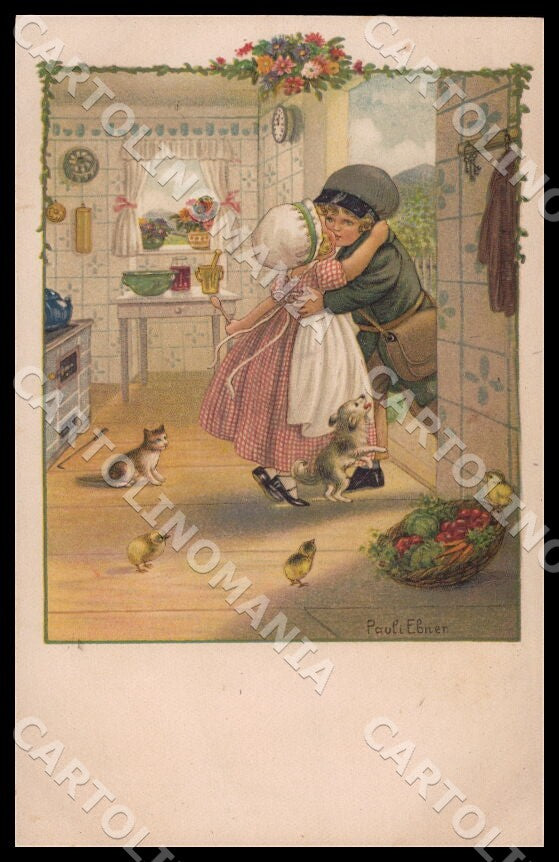Artist Ebner Pauli Kissing Children Cat Dog August Roekl 1426 postcard CT0344 – fronte