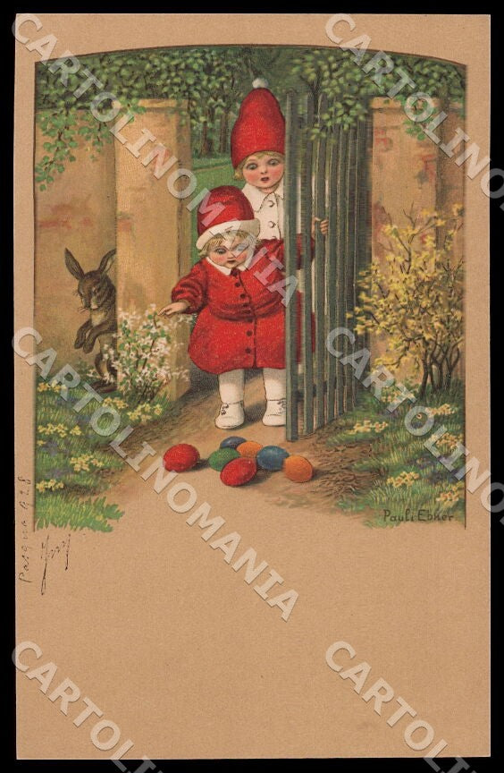 Artist Ebner Children Easter Eggs Rabbit Dondorf Roekl 1409 postcard CT0348 – fronte
