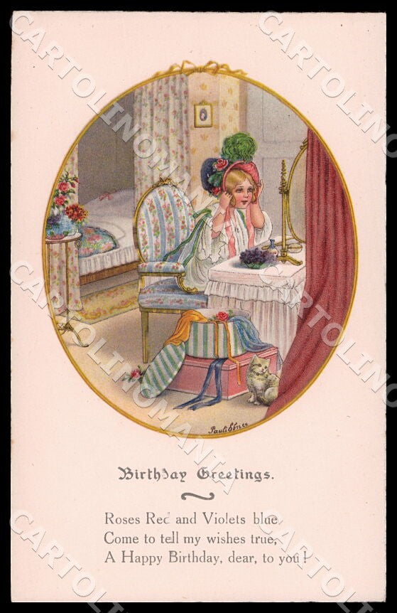 Artist Ebner Pauli Fashion Girl Cat Birthday Dondorf Roekl 1428 postcard CT0352 – fronte