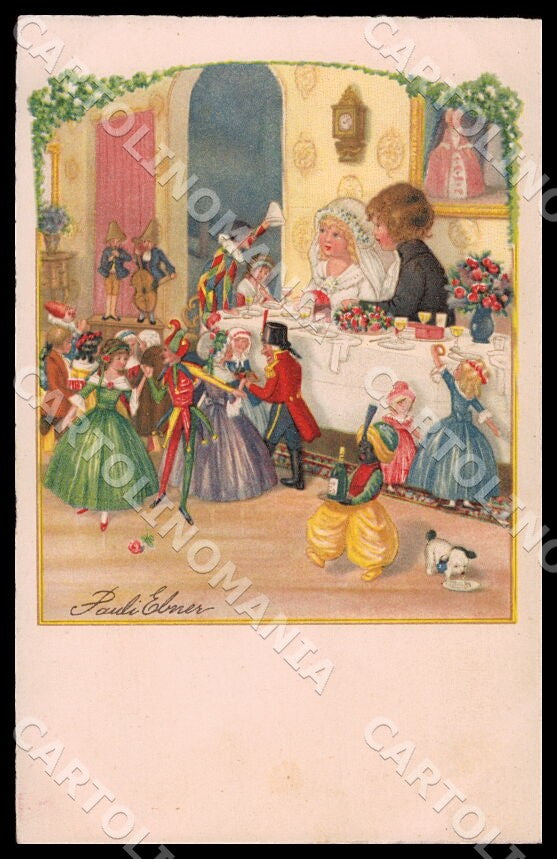 Artist Ebner Pauli Children Wedding Puppet Doll Dog Dondorf 2823 postcard CT0361 – fronte