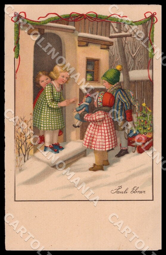 Artist Ebner Children Christmas Tree Doll Dondorf 3231 TEARED postcard CT0367 – fronte
