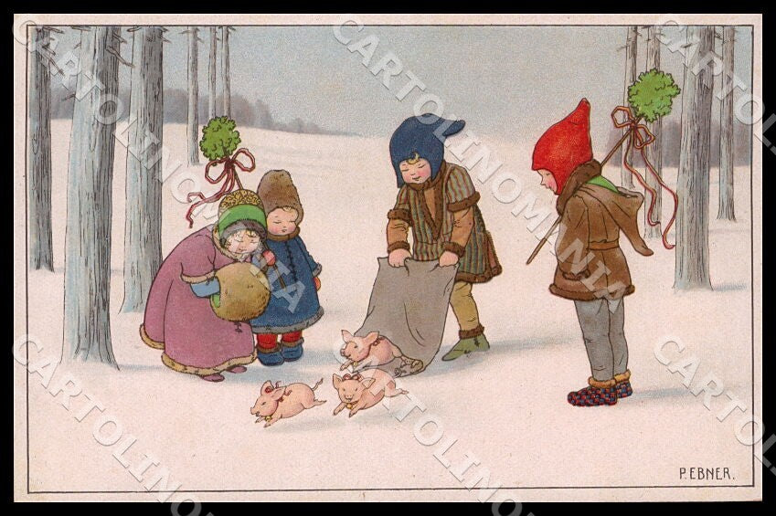 Artist Ebner Pauli Children Pig New Year MM Vienne 1197 postcard CT0371 – fronte