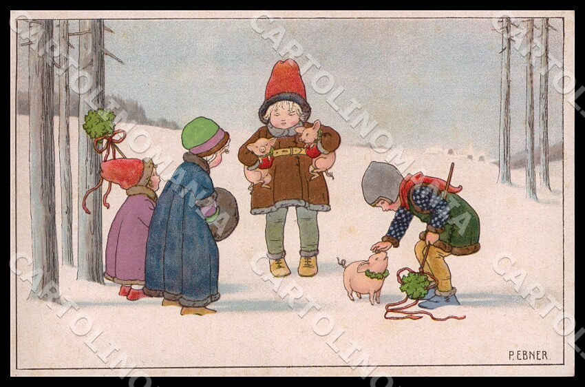 Artist Ebner Pauli Children Pig New Year MM Vienne 1197 postcard CT0372 – fronte