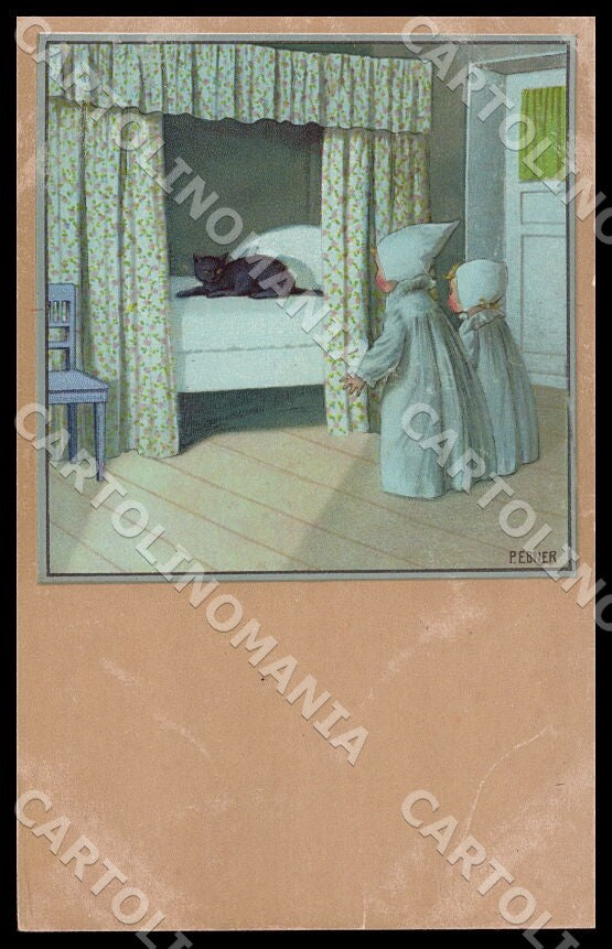 Artist Ebner Children Black Cat MM Vienne 1222 SMALL CREASE postcard CT0379 – fronte