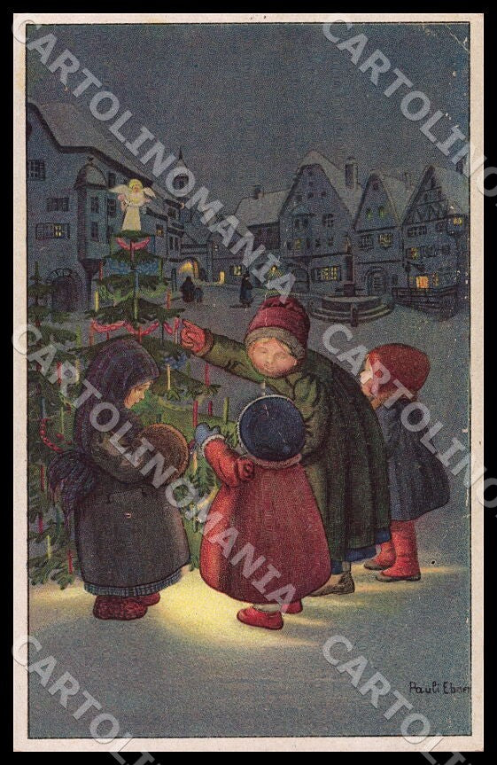 Artist Ebner Children Christmas Tree MM Vienne SMALL CREASES postcard CT0389 – fronte