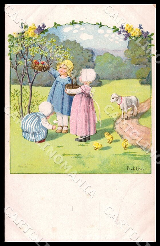 Artist Ebner Pauli Children Easter Lamb Chicks MM Vienne 1238 P1 postcard CT0397 – fronte