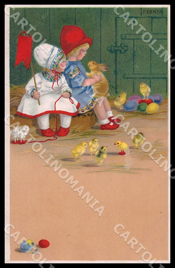 Artist Ebner Children Easter Rabbit Eggs Chicks MM Vienne 848 postcard CT0404 – fronte