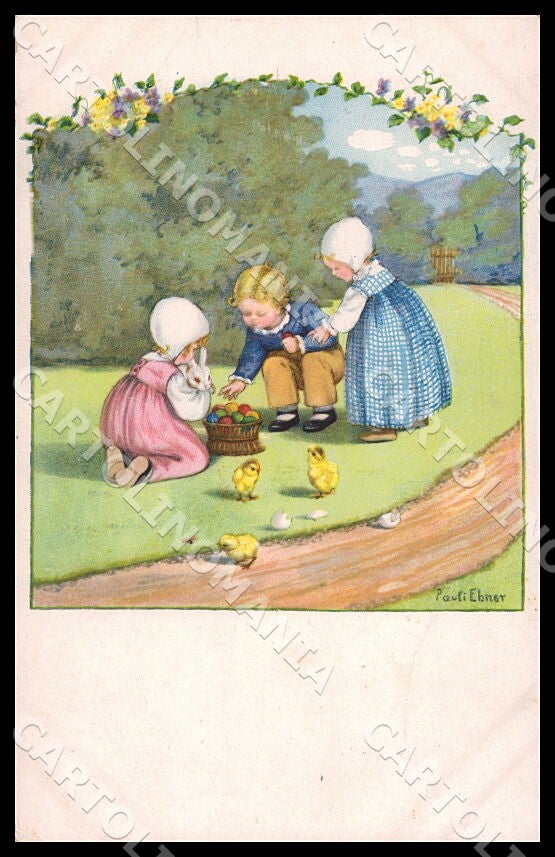 Artist Ebner Pauli Children Easter Eggs Chicks SMALL CREASES postcard CT0419 – fronte
