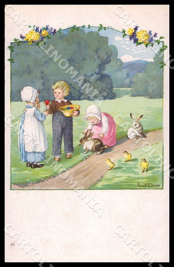 Artist Ebner Pauli Children Rabbit Chicks Easter MM Vienne 1238 postcard CT0421 – fronte