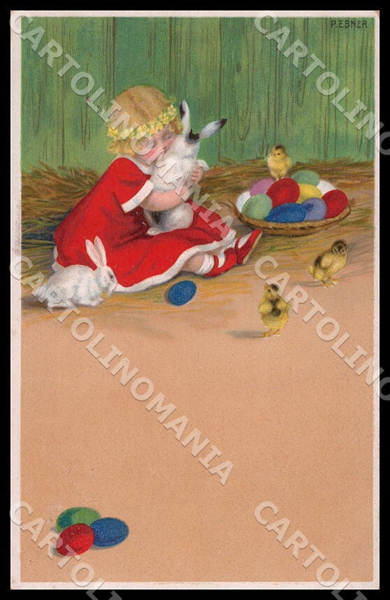 Artist Ebner Girl Easter Rabbit Eggs MM Vienne M.M. Nr. 648 postcard CT0422 – fronte