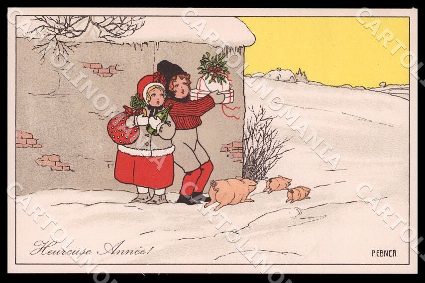 Artist Ebner Pauli Children New Year Pig MM Vienne 551 postcard CT0427 – fronte