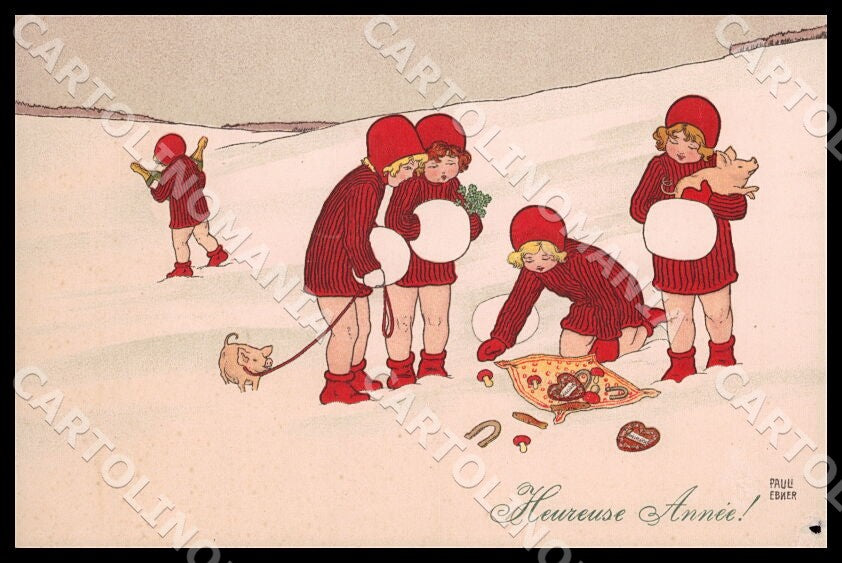 Artist Ebner Pauli Children New Year Pig MM Vienne 470 ABRADED postcard CT0434 – fronte