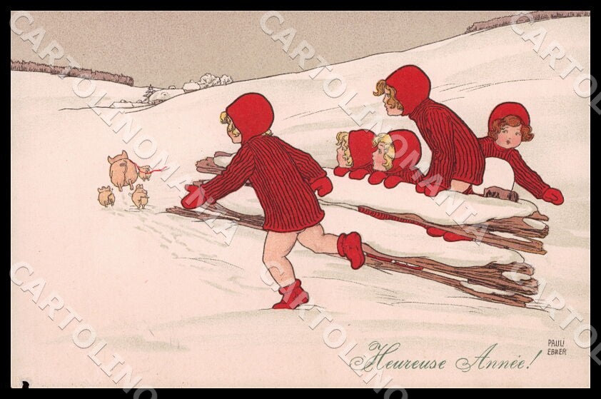 Artist Ebner Pauli Children New Year Pig MM Vienne 470 ABRADED postcard CT0435 – fronte