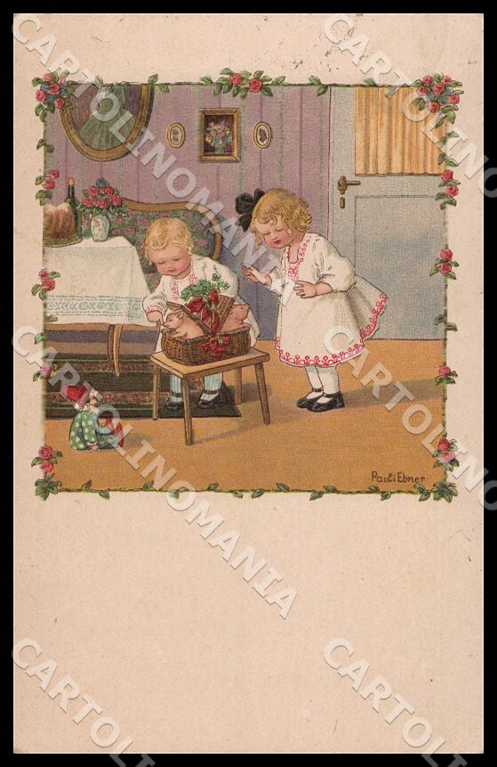 Artist Ebner Art Deco Pig Children August Roekl SMALL CREASES postcard CT0470 – fronte