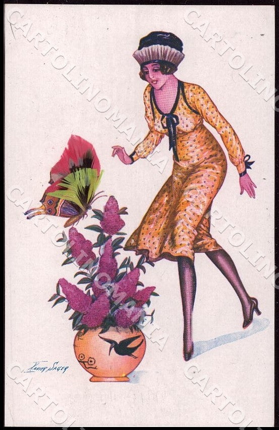 Artist Sager X. Art Deco Fashion Lady Butterfly Plume Noyer 104 postcard CT0474 – fronte