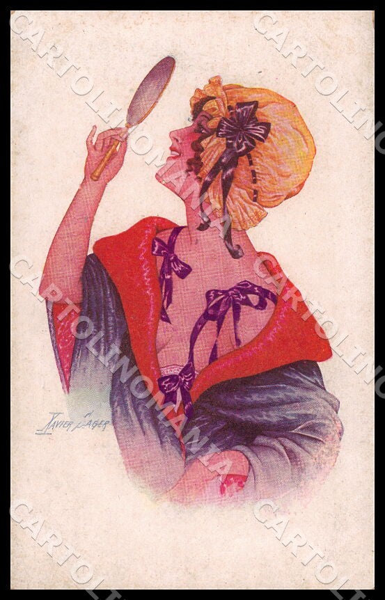 Artist Sager X. Fashion Glamour Mirror Risque Lady Noyer 68 postcard CT0482 – fronte