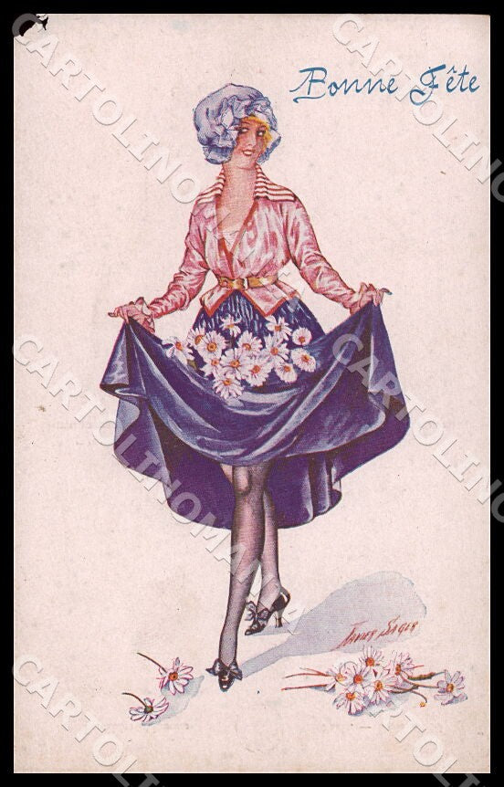 Artist Sager X. Art Deco Glamour Lady Bonne Fete Noyer ABRADED postcard CT0485 – fronte
