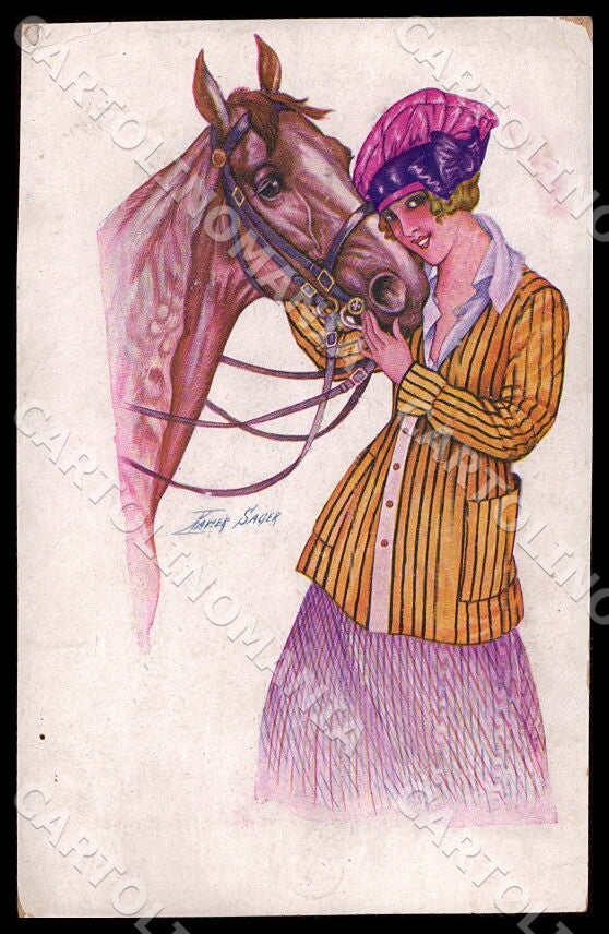 Artist Sager X. Fashion Art Deco Lady Horse WRINKLE ABRADED BACK postcard CT0486 – fronte