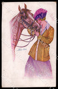 Artist Sager X. Fashion Art Deco Lady Horse WRINKLE ABRADED BACK postcard CT0486 – fronte