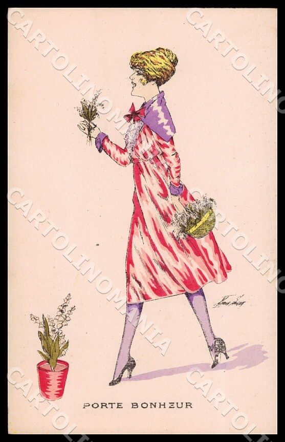 Artist Sager X. Fashion Art Deco Lady May Day Noyer 71 TRIMMED postcard CT0490 – fronte