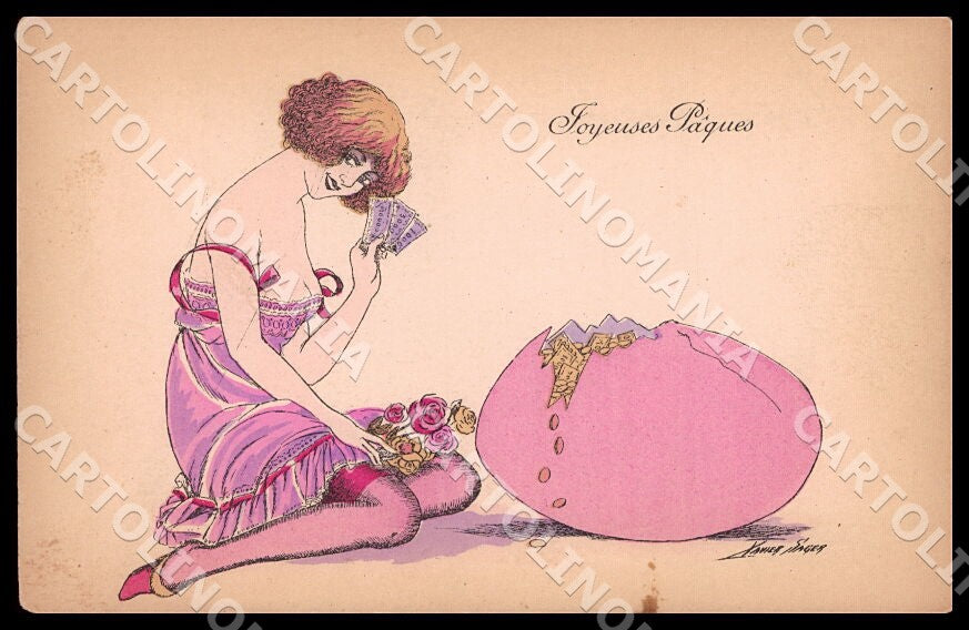 Artist Sager X. Risque Glamour Lady Easter Money Noyer Série N°90 postcard CT049 – fronte