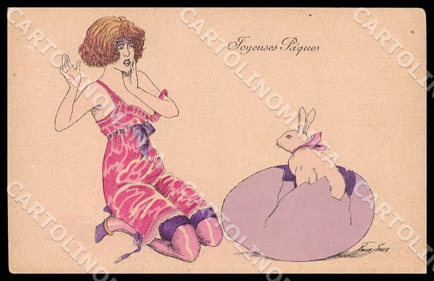 Artist Sager Risque Glamour Lady Rabbit Easter Noyer 90 CREASES postcard CT0495 – fronte