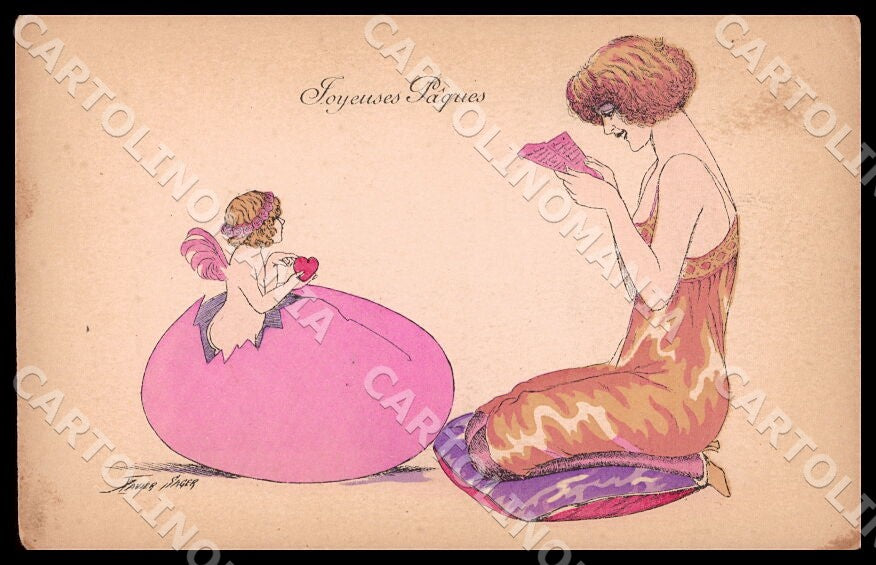 Artist Sager Glamour Lady Cupid Egg Easter Noyer SMALL CREASES postcard CT0496 – fronte