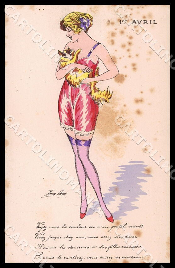 Artist Sager X. Glamour Risque Lady Cat April Fools Day postcard CT0503 – fronte