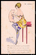 Artist Sager X. Art Deco Glamour Lady Pig April Fools' Day Noyer postcard CT0506 – fronte