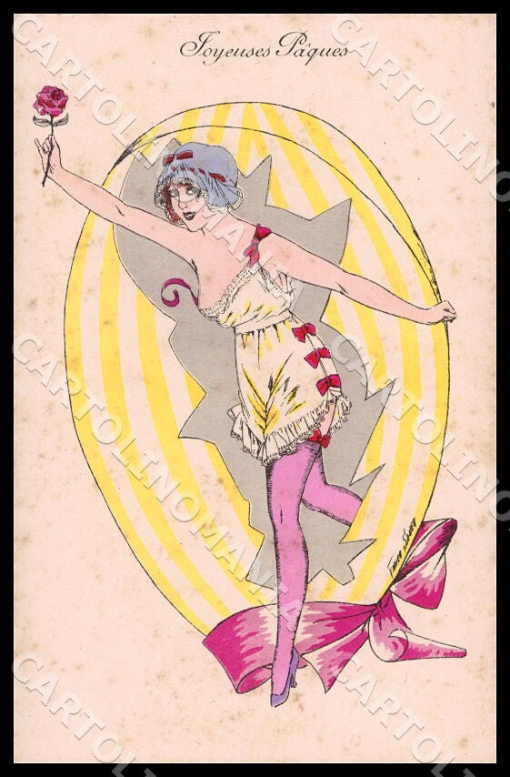Artist Sager X. Risque Glamour Art Deco Lady Easter Noyer 68 postcard CT0509 – fronte