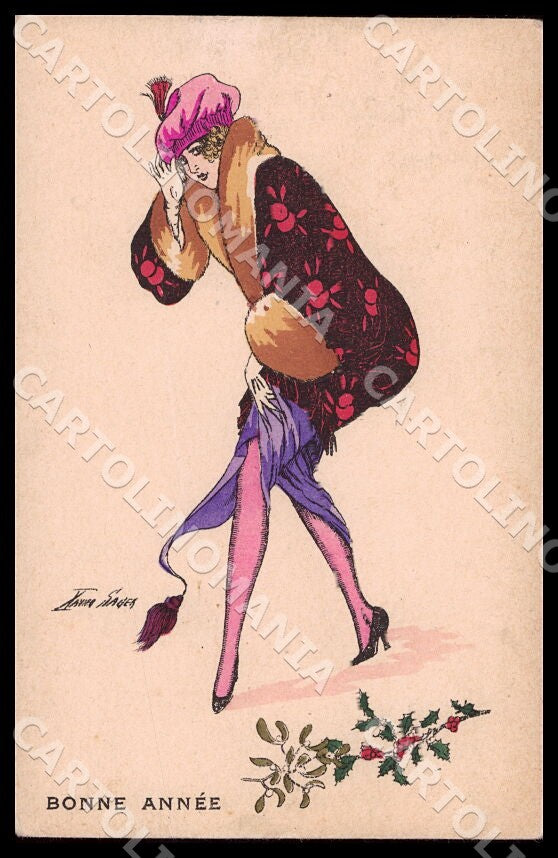Artist Sager X. Fashion Art Deco Lady New Year Noyer 86 CREASE postcard CT0512 – fronte