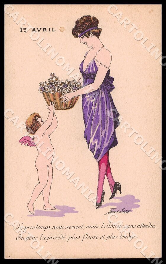 Artist Sager X. Art Deco Fashion Lady Cupid April Fools Noyer 88 postcard CT0515 – fronte