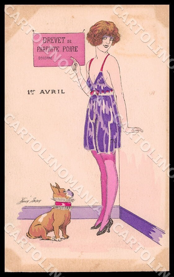 Artist Sager X. French Bulldog Risque Lady April Fools Noyer postcard CT0518 – fronte