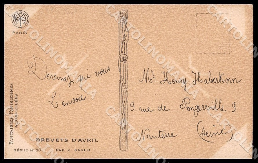 Artist Sager X. French Bulldog Risque Lady April Fools Noyer postcard CT0518 – retro