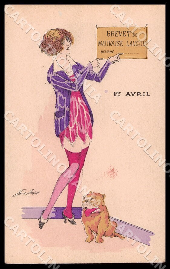 Artist Sager X. Bulldog Risque Lady April Fools Noyer 89 postcard CT0520 – fronte